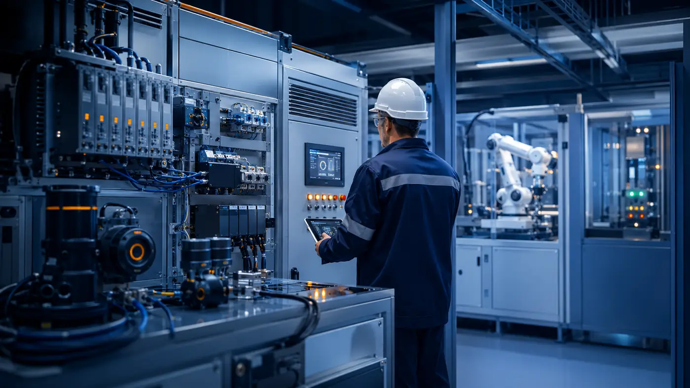 Industrial automation system with control panel, sensors, PLC equipment and robotics