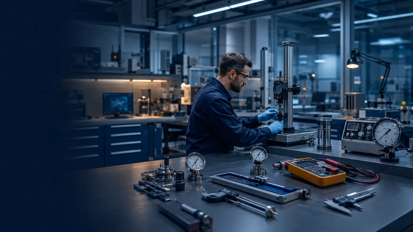 Precision calibration laboratory with measurement instruments and calibration equipment