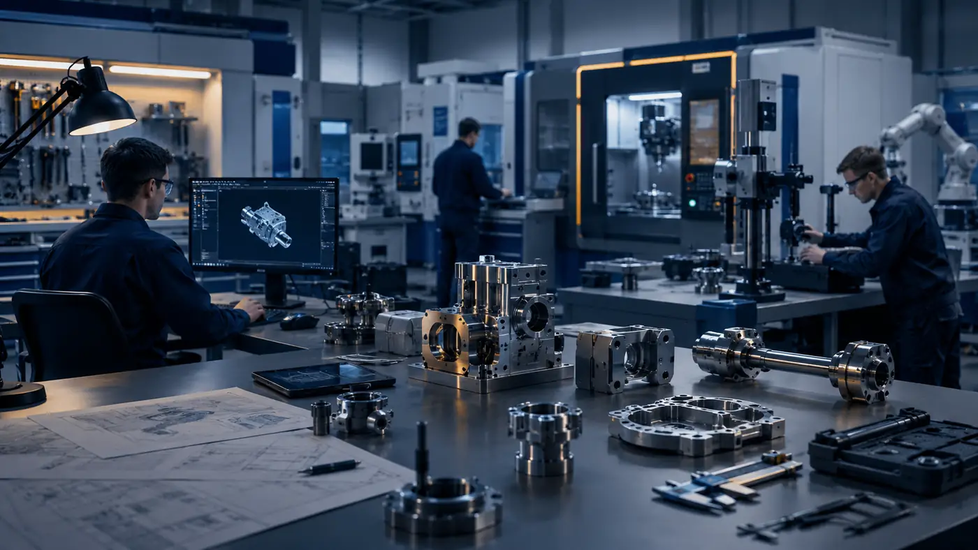 Prototype development and custom technical manufacturing workshop with precision components