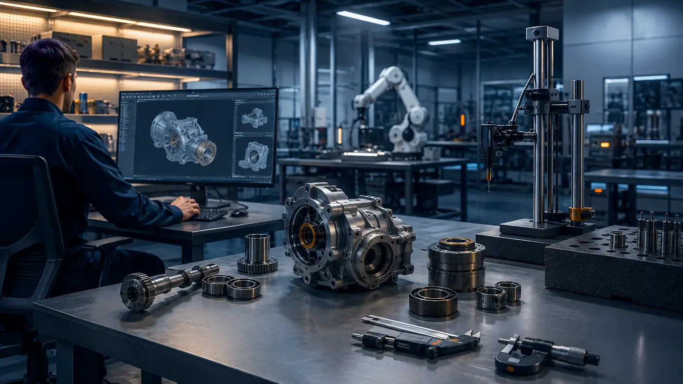 Reverse engineering workspace with CAD model, precision measurement and mechanical components