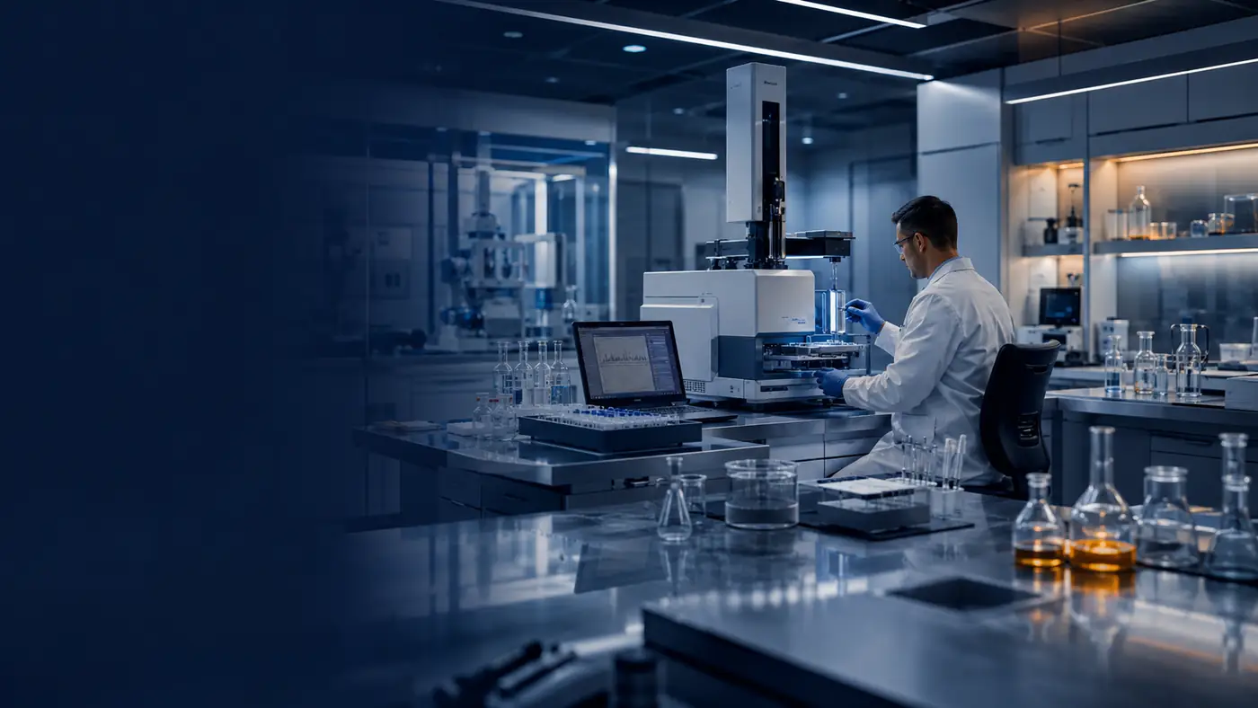 Modern scientific testing laboratory with analytical equipment and sample testing workflow