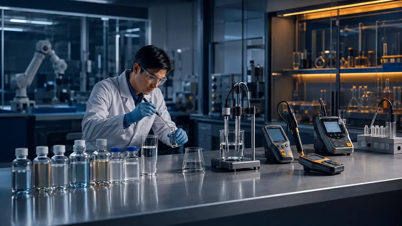 Water quality testing laboratory with water samples, probes and analytical meters